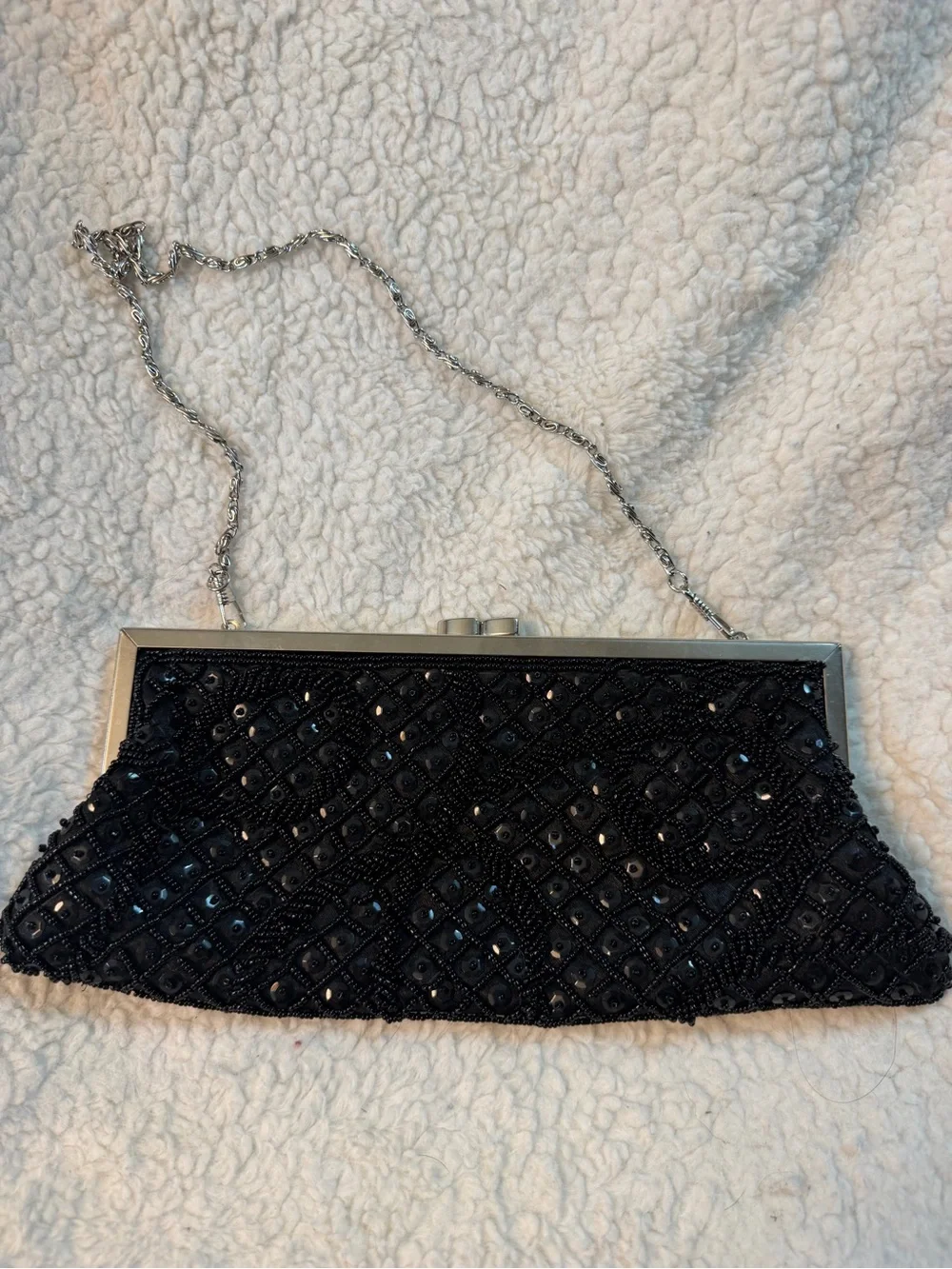 Vintage Black Beaded Evening Clutch with Chain Strap